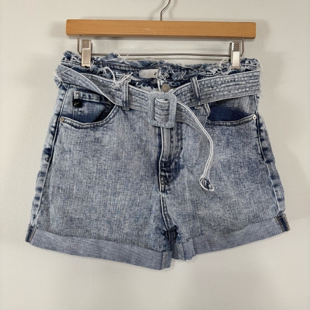 Kancan Acid Wash Medina Ultra High Rise Ruffle Belted Shorts Size 7